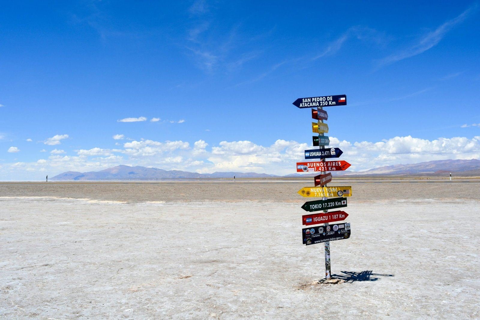 Cartel de distancias en un salar de Jujuy, con flechas hacia Ushuaia, Buenos Aires, Nueva York y Tokio